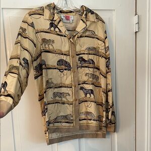 VTG Women’s Animal Print Blouse Size 8 Tan Long Sleeve Panther Cheetah Silk